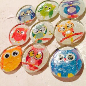 Cute owl glass magnets. Set of 7 colorful owl fridge magnets, approximately 1 round, refrigerator magnets image 4