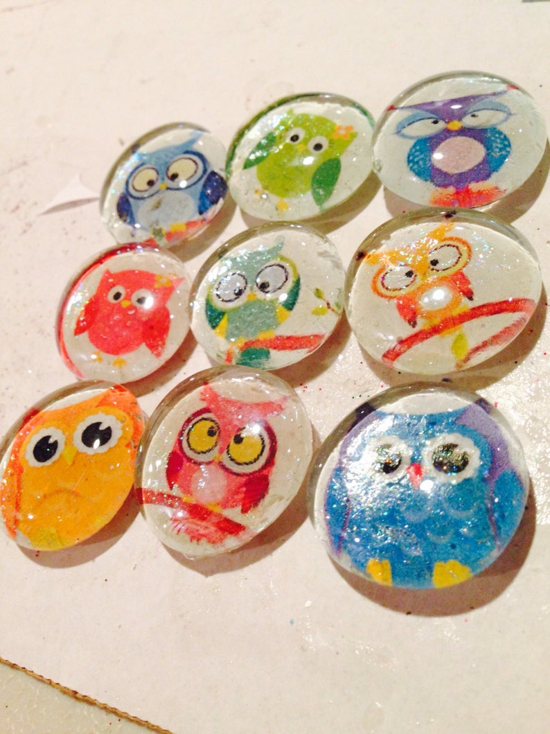 Cute owl glass magnets. Set of 7 colorful owl fridge magnets, approximately 1 round, refrigerator magnets image 4