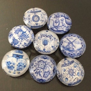 Blue Delft inspired glass fridge magnets, one inch round glass with blue delft style teapots, windmills  refigerator magnets, office decor