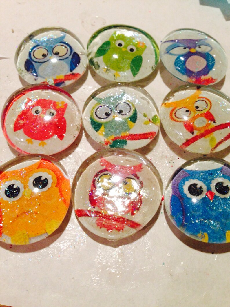 Cute owl glass magnets. Set of 7 colorful owl fridge magnets, approximately 1 round, refrigerator magnets image 2