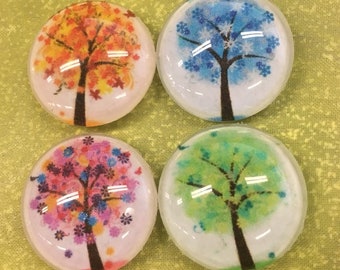 Colorful four seasons tree glass fridge magnets.  Refrigerator magnets, fridge magnets, glass magnets Set of four one inch round magnets