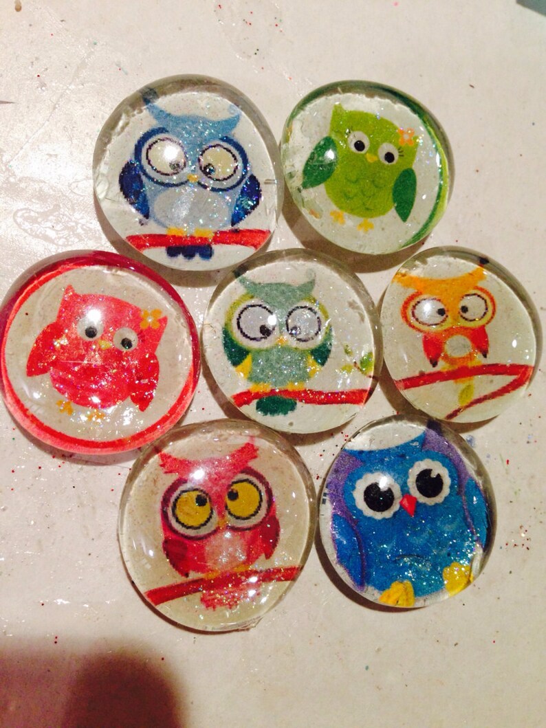 Cute owl glass magnets. Set of 7 colorful owl fridge magnets, approximately 1 round, refrigerator magnets image 5