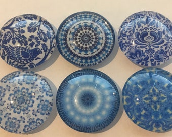 Blue Delft Style Glass Magnets, Patterned Fridge Magnets, Set of 6