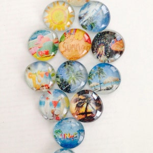 Summer glass fridge magnets. Refrigerator magnets, Beach magnets, palm trees, Boardwalk, and fruity cocktail magnets