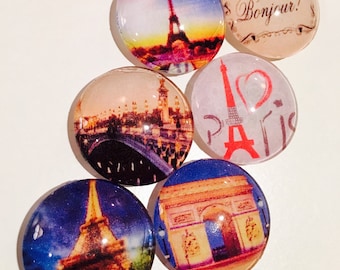 Paris glass fridge magnets. Refrigerator magnets, locker magnets, home decor, housewares Set of 6 Paris France glass magnets,  1" round