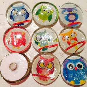 Cute owl glass magnets. Set of 7 colorful owl fridge magnets, approximately 1 round, refrigerator magnets image 3