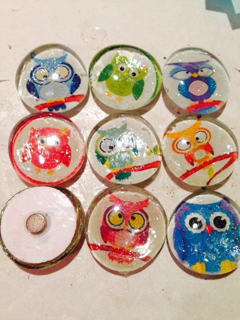 Cute owl glass magnets. Set of 7 colorful owl fridge magnets, approximately 1 round, refrigerator magnets image 3