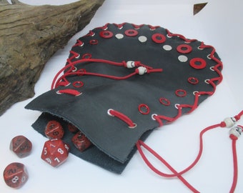 Black, Red & silver leather dice bag pouch cosplay geeky dnd rocker biker