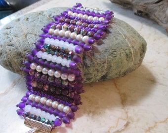 Assorted white and purple loom beaded bracelet - One of a Kind