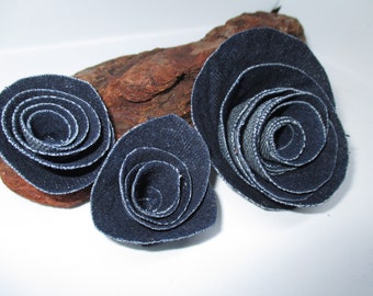set of 3 Handcrafted Denim dark blue roses one 3"x2" two 1"x1.5" crafting accessory