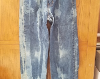 Youth Up-cycled Arizona Relaxed adjustable hand bleached blue/white dyed Jeans size 14 Reg