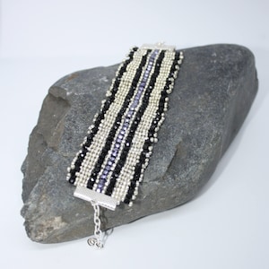 Silver black & dark purple loom beaded bracelet - One of a Kind