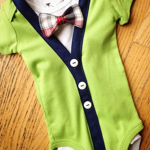 Baby boys Green and navy blue Cardigan bodysuit with adorable plaid pattern bowtie and undershirt perfect for any day. Makes a great gift co