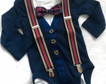 Cute BabyNavy blue Cardigan short or long sleeve bodysuit outfit with plaid  bowtie w/ option for  adjustable elastic  suspenders. Holiday g