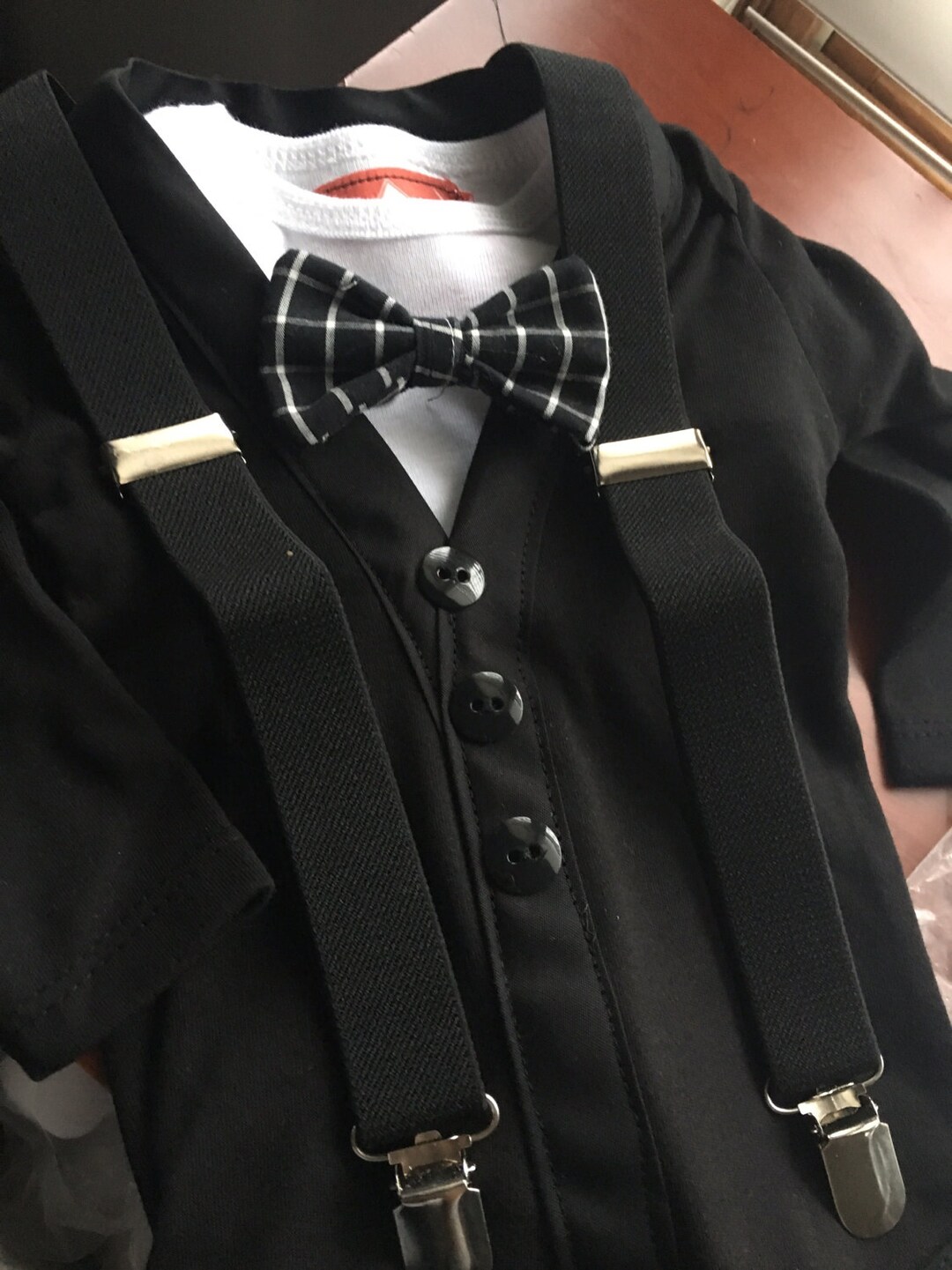 Complete Black Cardigan Bodysuit Onesie With Black Snap on Bowtie and