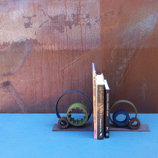 Atomic Gears Bookend Industrial bookends industrial decor handmade recycled urban decor ring vintage retro