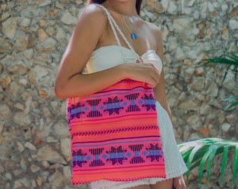Tribal tote bag / aztec print / mexican embroidered fabric / multicolor ethnic pattern / summer purse