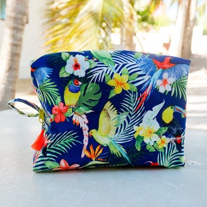 Tropical makeup bag / personalized bridesmaid cosmetic bag with toucan print / mexico destination wedding image 1