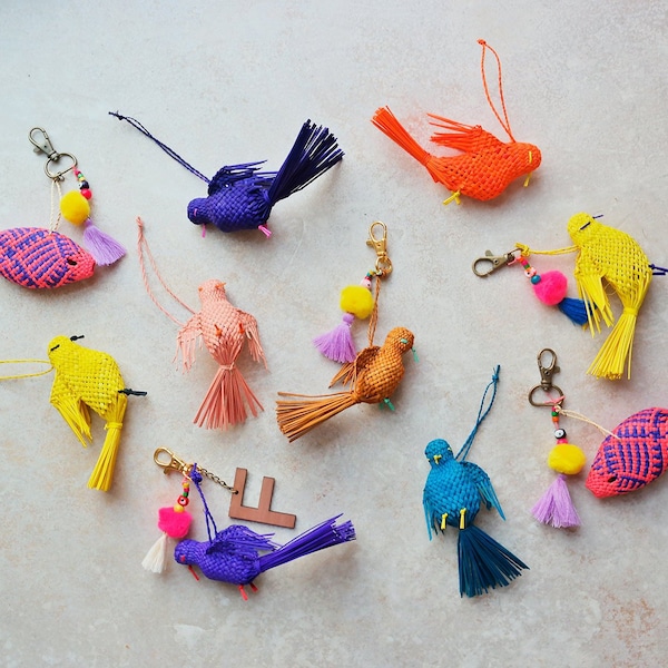 Bird keychain / mexico wedding favors / pom pom tassel keychain charm / personalized letter keychain