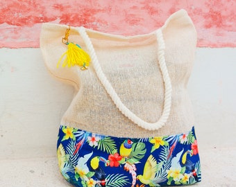 Personalized beach bag / bridesmaid tote bag for mexico wedding with tropical bird print / mexican bachelorette party