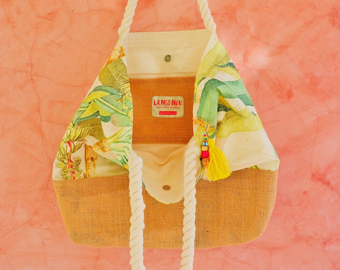 Burlap Beach Bag With Banana Leaf Print / Personalized Destination ...