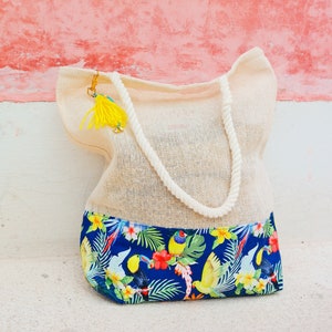 Personalized beach bag / bridesmaid tote bag for mexico wedding with tropical bird print / mexican bachelorette party
