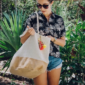 Customized beach bag / Mexican pom pom beach tote / bachelorette beach bags / large canvas beach bag image 1