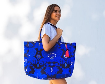 Oversized beach bag / personalized weekend tote /  bridesmaid totes / navy and gold bold print fabric
