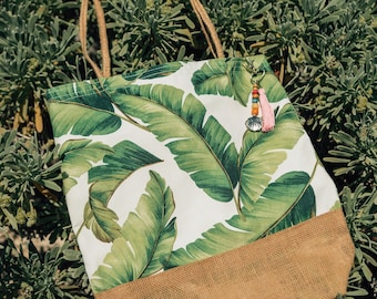 Palm tree handbag / personalized palm leaf tote bag / custom burlap tote bag / beach wedding welcome bags