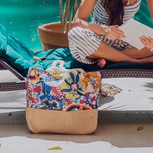 Cotton canvas shoulder bag / Abstract floral print / pool tote / custom welcome bags / gift totes for tropical wedding