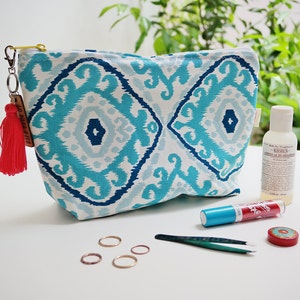 Blue ikat canvas pouch / clutch tassel / floor mosaic patterns / resort fashion / travel toiletry bag for women