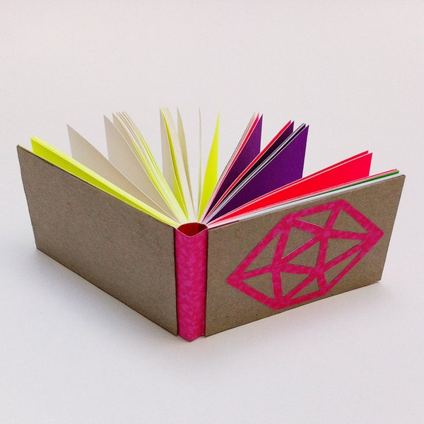 Handmade notepad / recycled paper notebook / bright neon colors cardboard pages / hot pink geometric diamond / small blank notebook / office