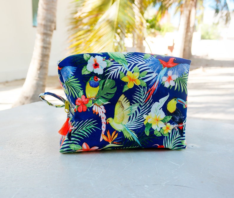 Tropical makeup bag / personalized bridesmaid cosmetic bag with toucan print / mexico destination wedding image 1