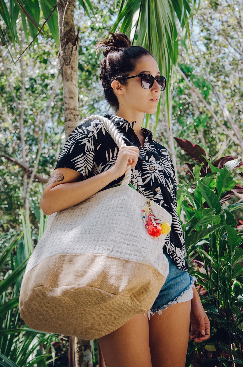 Customized beach bag / Mexican pom pom beach tote / bachelorette beach bags / large canvas beach bag 2