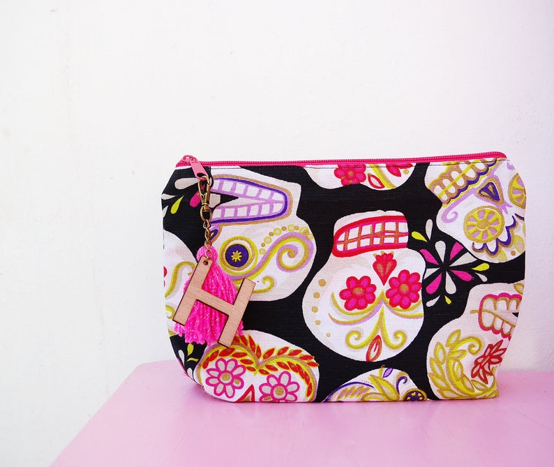 Skull makeup bag / Day of the Dead sugar skulls / cosmetic bag personalized / Mexican bachelorette party image 2