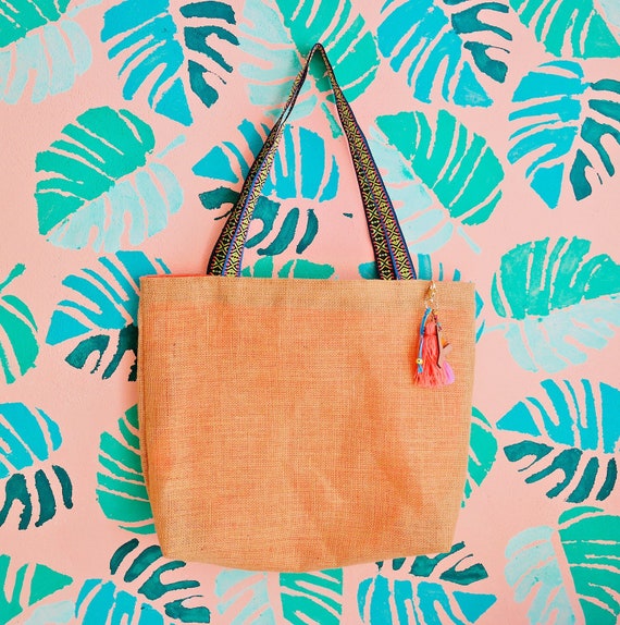 Natural burlap jute tote bag / bridesmaid personalized bags / destination wedding totes / tassel charm