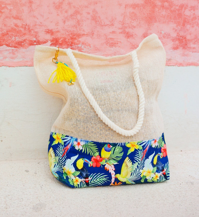 Personalized beach bag / bridesmaid tote bag for mexico wedding with tropical bird print / mexican bachelorette party image 1