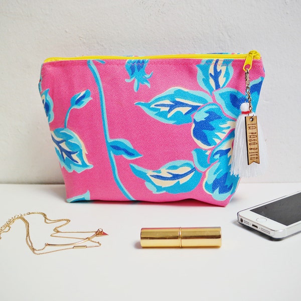 Pink floral clutch / custom clutches for bridesmaids / cozumel destination wedding / zippered jewelry pouch