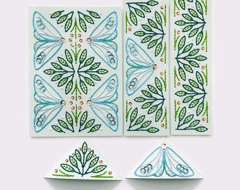 Flutter & Flora Paper Embroidery PDF Collection, Paper Embroidery Bookmarks, DIY Cards, Embroidery Card, Moth Embroidery, Moth Bookmark