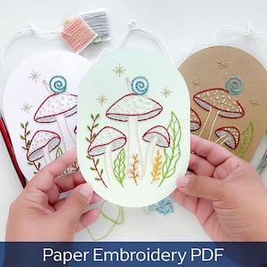 Motif PDF de broderie en papier, forêt de champignons et escargots | Art mural artisanal bricolage