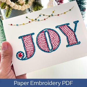 Patrón de bordado de tarjeta Holiday Joy PDF, Tarjeta de bordado de papel, Patrón de tarjeta de luces navideñas, Bordado de letras, Letras de bastón de caramelo