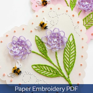Drukke bijen pdf-papierborduurpatroon, kaartborduursjabloon, borduurpatroon bloem en bij, handborduurpatroon