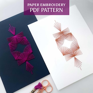 May include: Two sheets of paper with geometric embroidery designs. One is navy blue with magenta thread, the other is white with copper thread. The text "PAPER EMBROIDERY PDF PATTERN" is at the top. Scissors and thread are in the foreground.