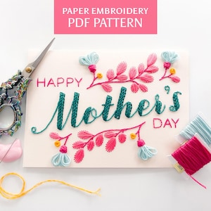 Happy Mother's Day papieren borduurpatroon, doe-het-zelf 3D-bloemenwenskaart, moderne handgestikte kaartsjabloon, pdf-borduurwerk voor beginners
