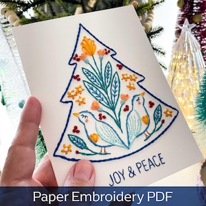Joy & Peace carte motif de broderie PDF, carte de broderie en papier de vacances, motif de carte d'arbre de Noël, broderie de fleurs 3D