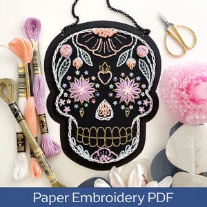 Padrão de bordado de caveira de açúcar em PDF, decoração de bordado em papel, artesanato de Halloween em tons pastel, padrão de caveira bordada, decoração de caveira do dia dos mortos