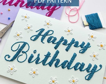 DIY Birthday Card Pattern | Happy Birthday Daisies & Confetti, Paper Embroidery Template