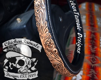 Tooled leather steering wheel cover