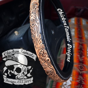 Tooled leather steering wheel cover