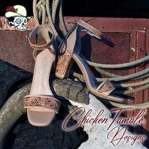 Strappy Sandal Heels with hand tooled leather detail